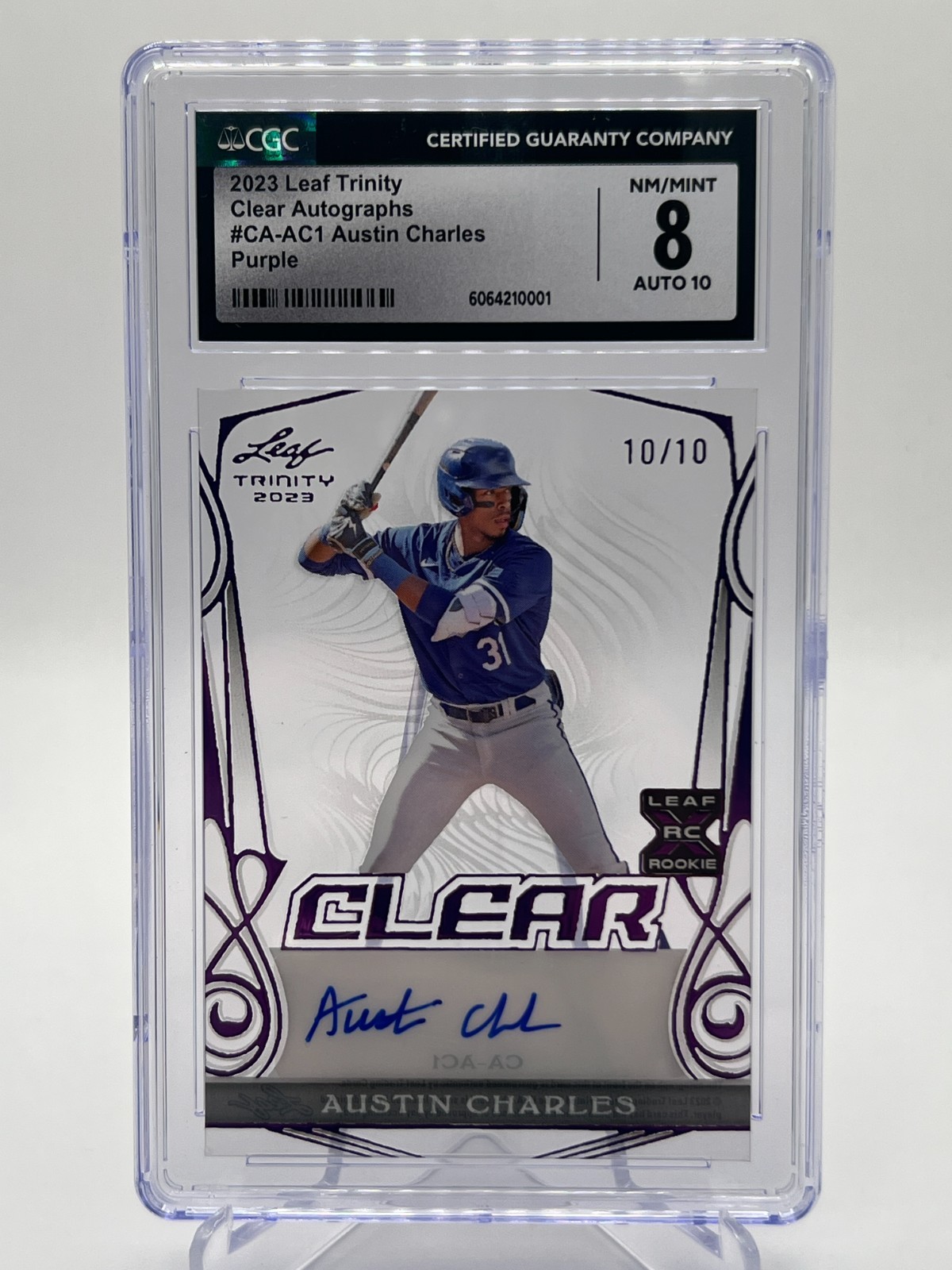 2023 LEAF TRINITY AUSTIN CHARLES 10/10 PURPLE CLEAR AUTO NO. CA-AC1 CGC 8