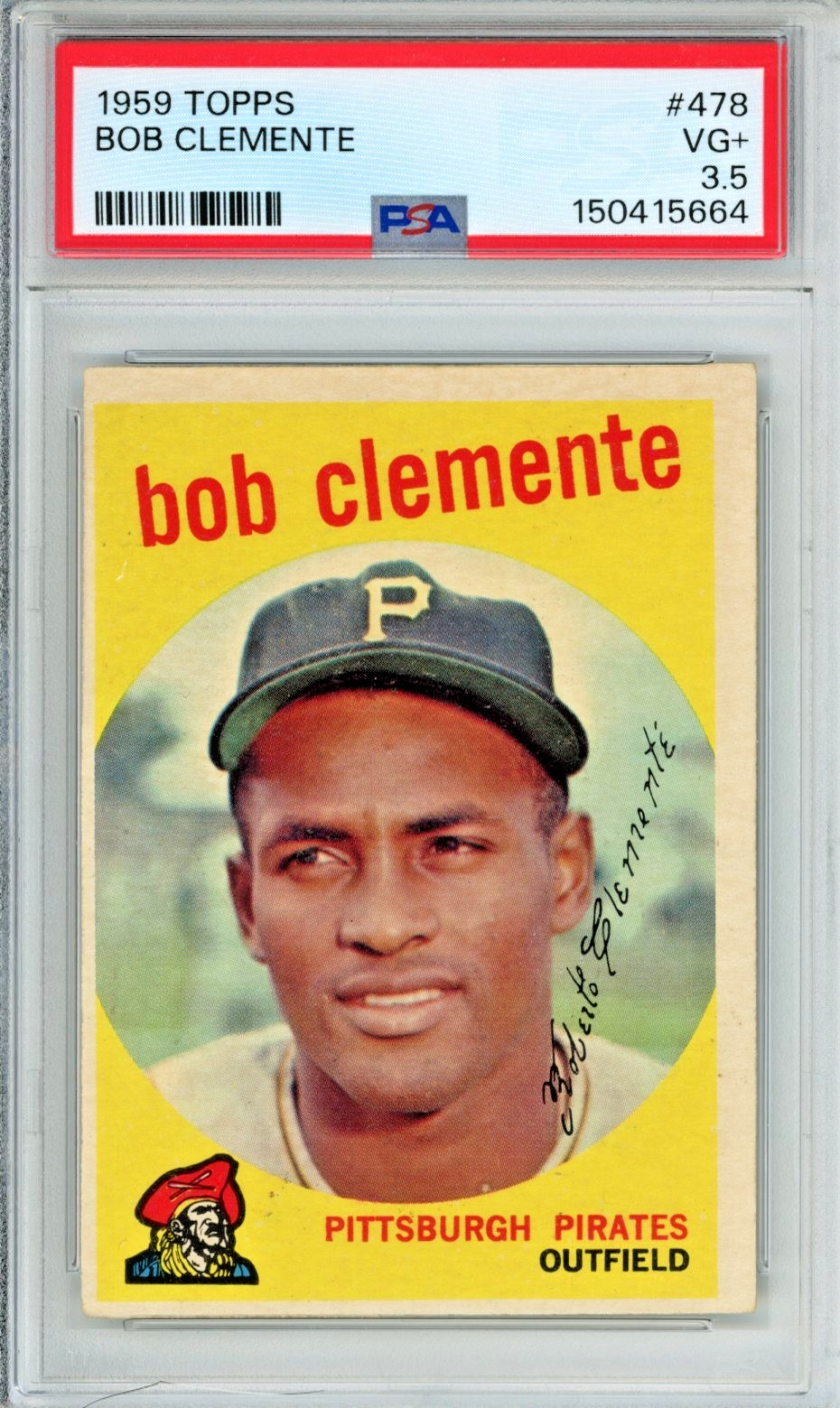 1959 Topps Roberto Clemente baseball card, graded VG+ 3.5, #478 in the set HOF