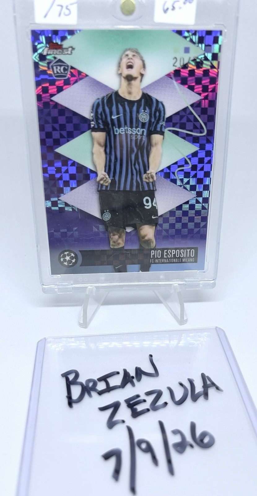 2025-26 TOPPS FINEST UEFA PIO ESPOSITO RARE ROOKIE PURPLE CHECKERBOARD SSP /75