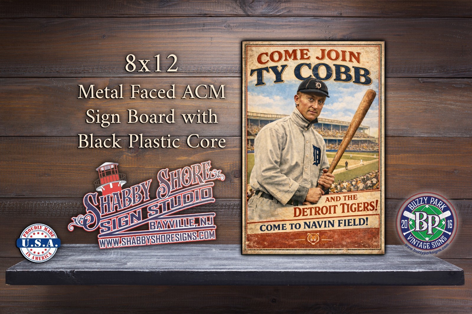 Ty Cobb Tigers Navin Field Sturdy Metal Indoor/Outdoor Sign 8×12