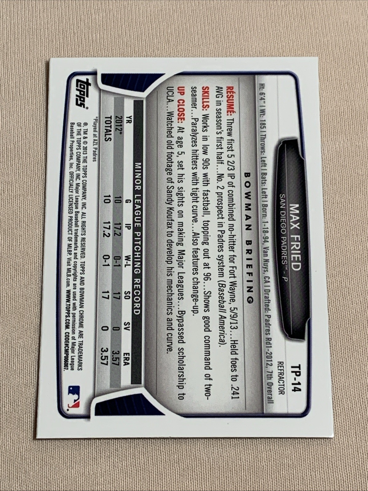 2013 Bowman Chrome Draft Max Fried #TP-14 Top Prospect Refractor