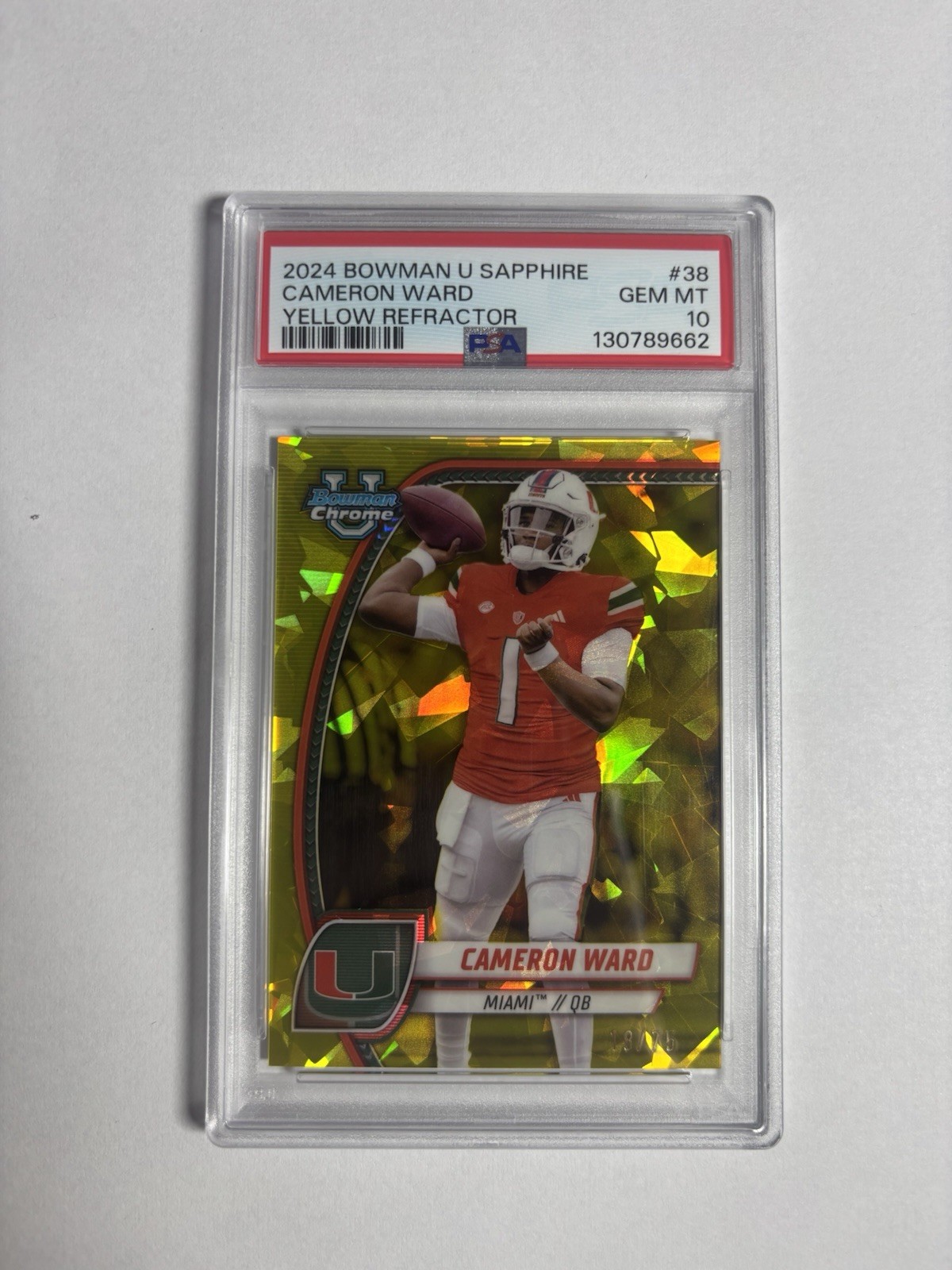 2024 Bowman University Chrome Cameron Ward #/75 PSA 10 Yellow Sapphire Refractor