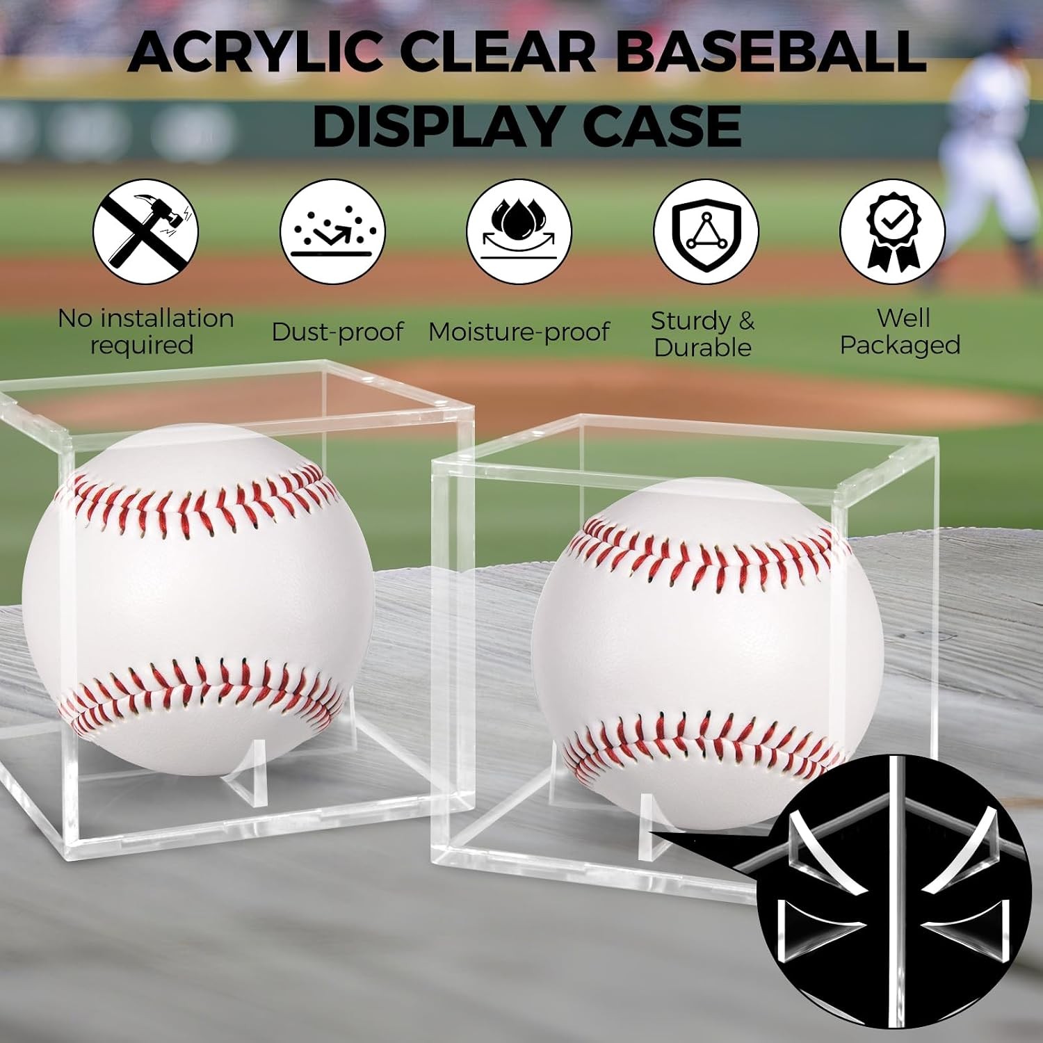 2 PACK Baseball Display Case UV Protected Acrylic Holder Cube for Official Balls