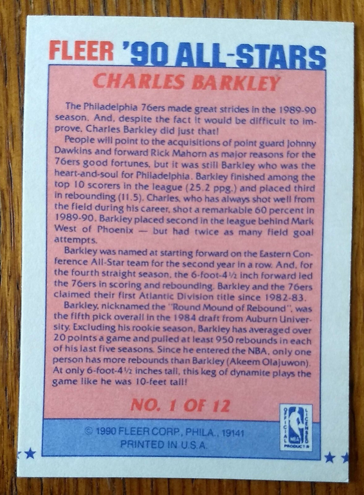 CHARLES BARKLEY, 1990 FLEER ALL-STARS #1 of 12, SIXERS