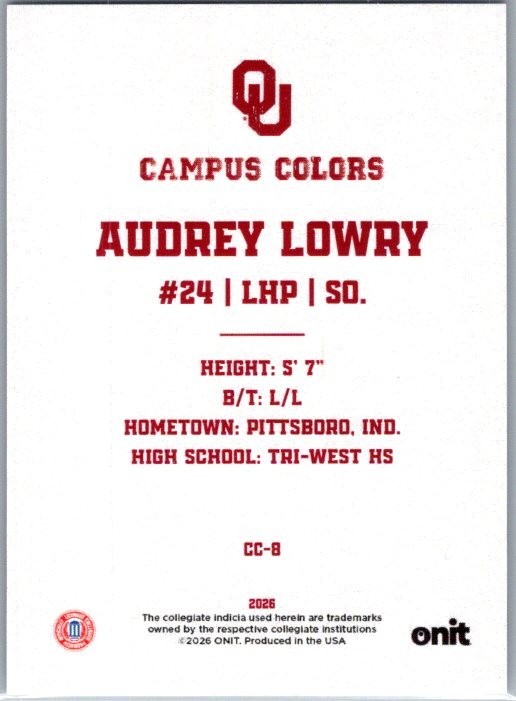 2026 ONIT NIL Oklahoma Softball #CC-8 Audrey Lowry Campus Colors Light Holo /40