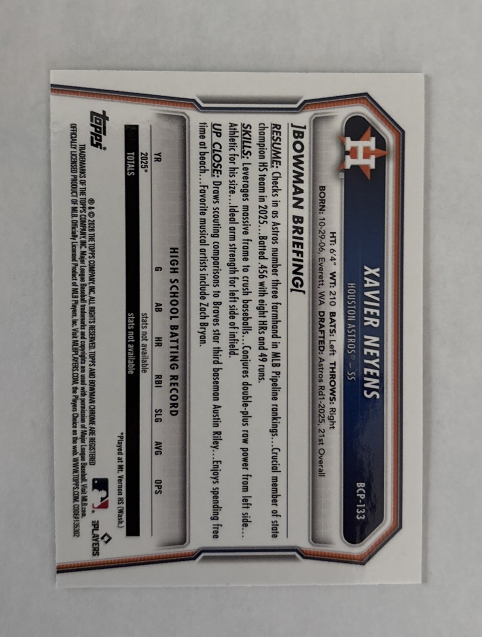 Topps 2025 Bowman Draft Chrome Xavier Neyens Astros BDC-2 Fuchsia Reptilian /199
