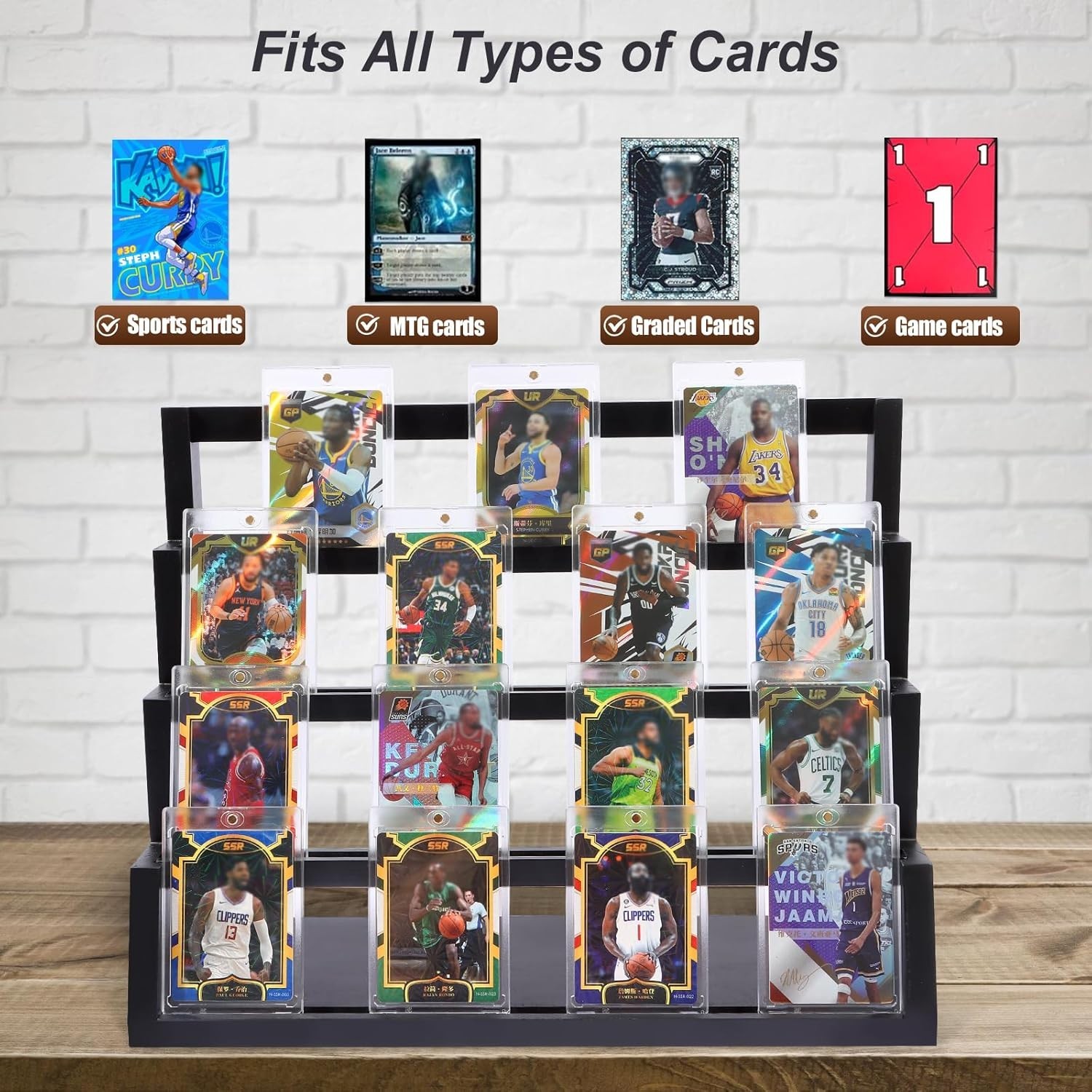 Trading Card Display,4-Tier Card Display Storage, Wooden Graded Baseball Spor…
