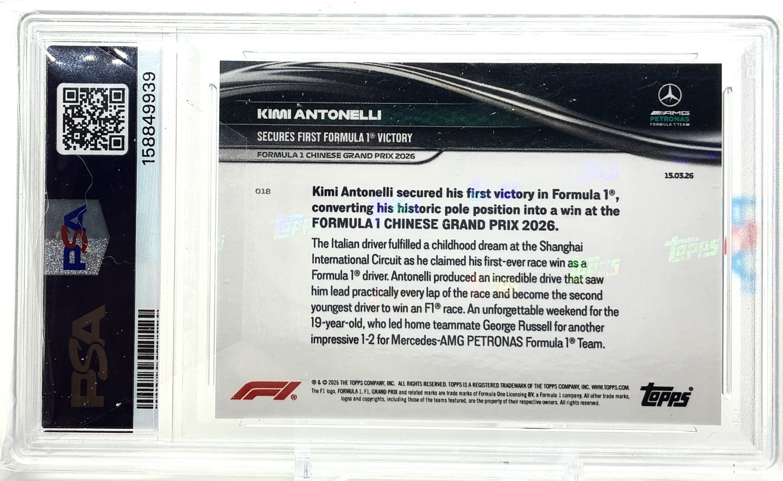 2026 TOPPS NOW FORMULA 1 #18 KIMI ANTONELLI PSA 9 MINT 1ST FORMULA 1 VICTORY