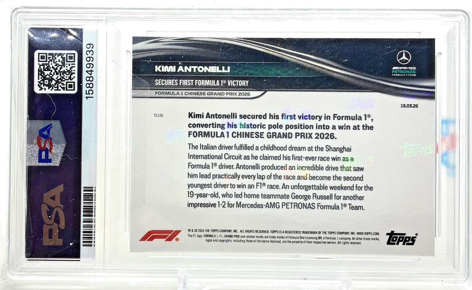2026 TOPPS NOW FORMULA 1 #18 KIMI ANTONELLI PSA 9 MINT 1ST FORMULA 1 VICTORY