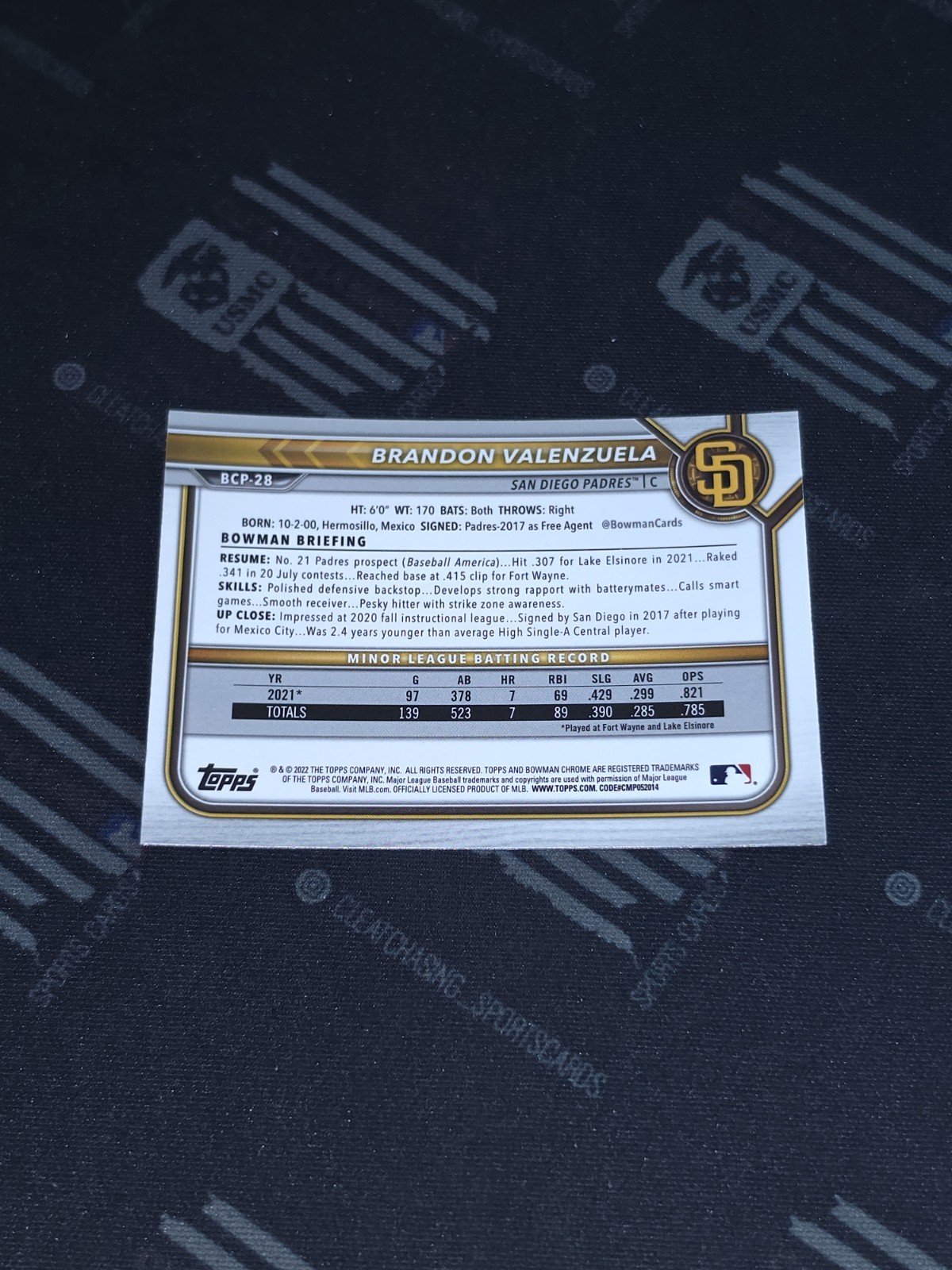 2022 Bowman – Chrome Prospects Brandon Valenzuela #BCP-28 Mojo Refractor (RC)