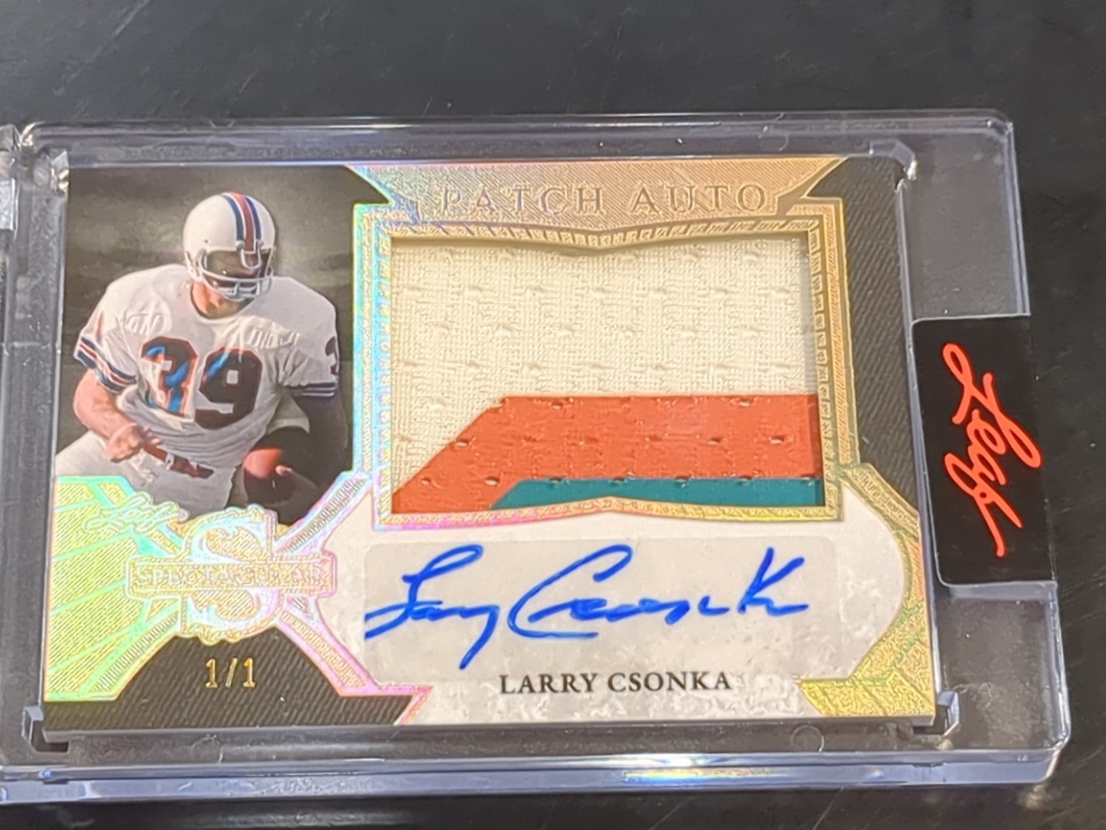 2026 Leaf SPECTACULAR LARRY CSONKA GAME WORN 3 Color PATCH AUTO #ED 1/1 DOLPHINS