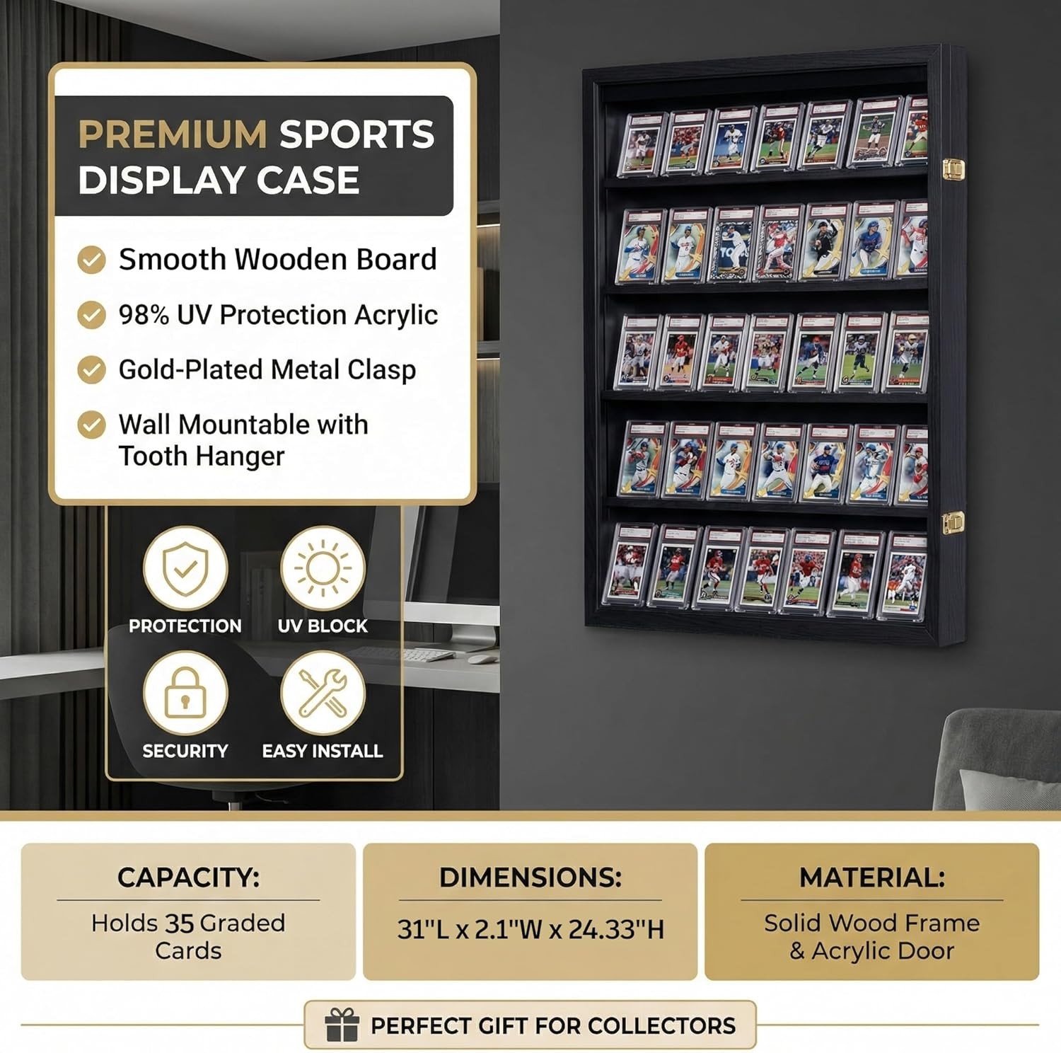 Graded Trading Card Display Case 35+ Sport Baseball PSA Slabs Wood Wall Cabinet