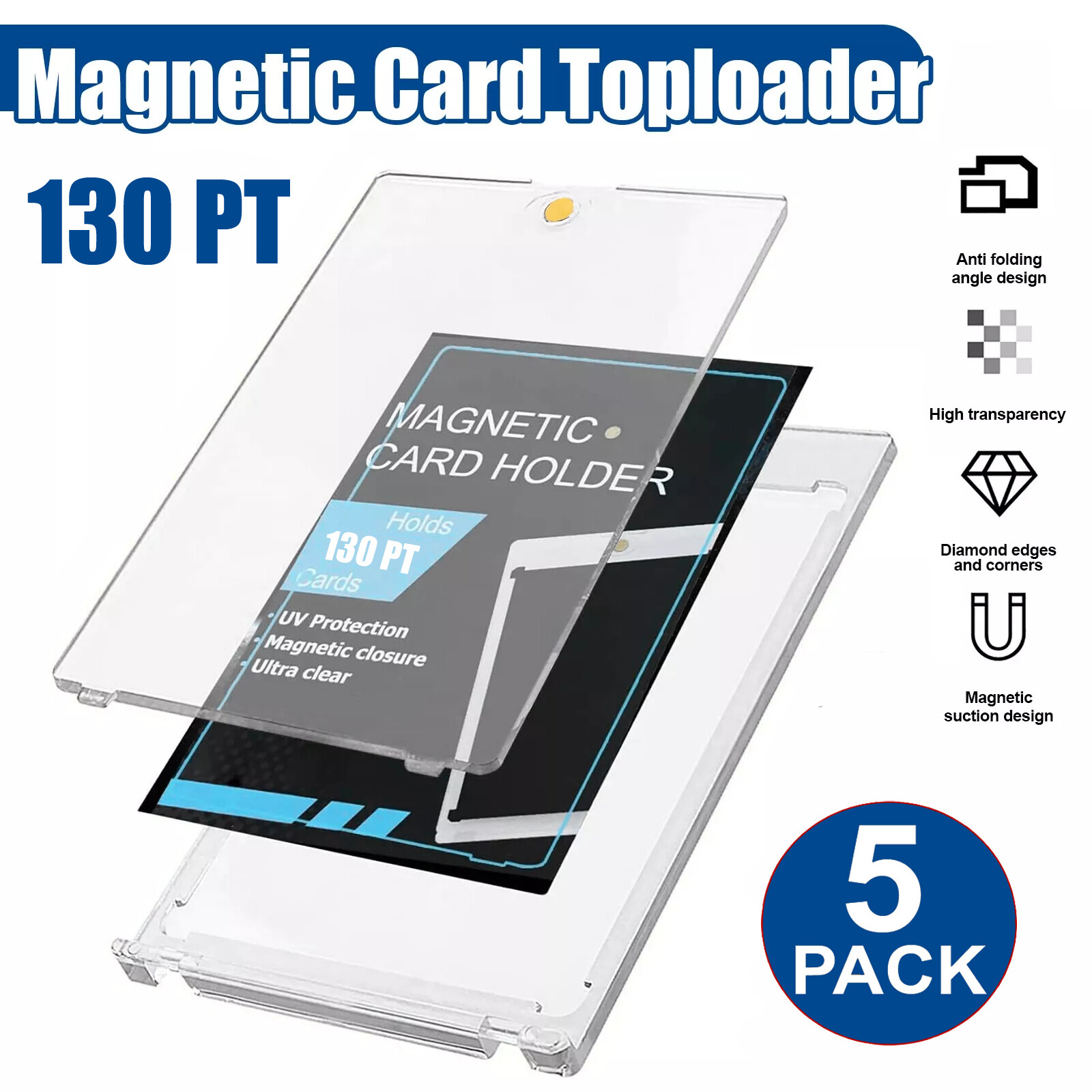 5Pack Magnetic Trading Sports Card Holders 130Pt One-Touch UV Protection Case US