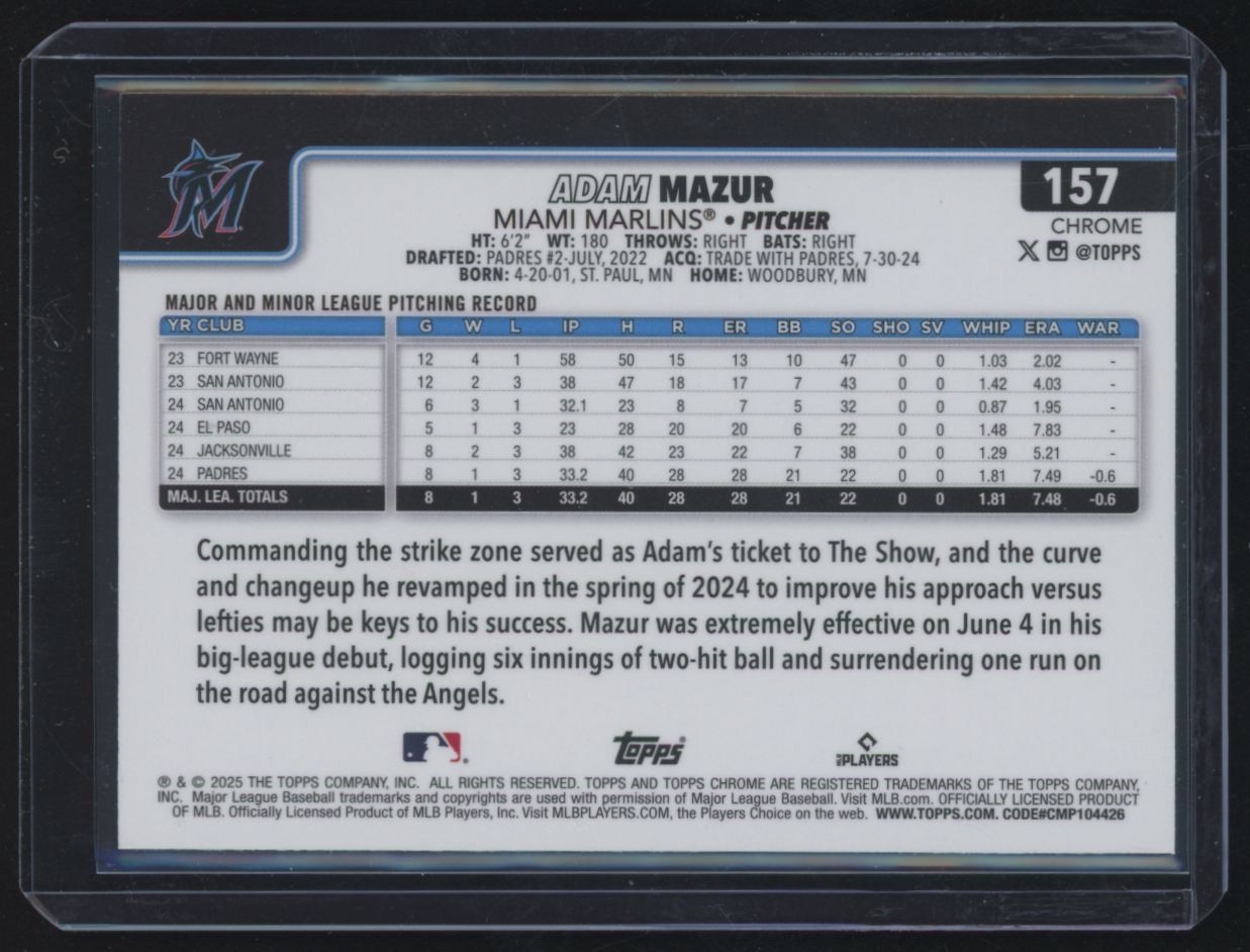 2025 Topps Chrome Sapphire Adam Mazur RC Miami Marlins #157