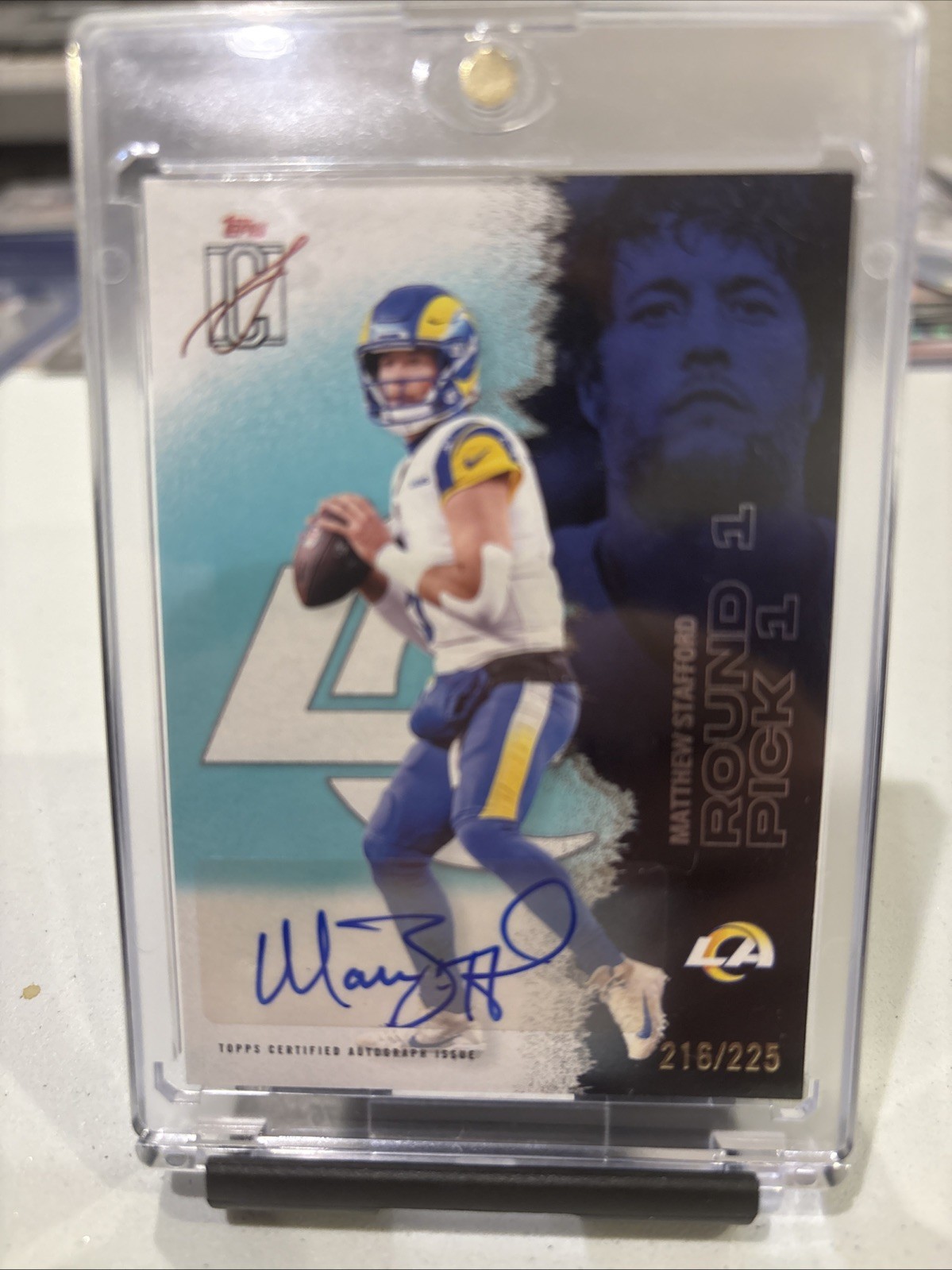 2025 Topps Signature – Matt Stafford Teal Auto 216/225 + Blue/Yellow Color Match