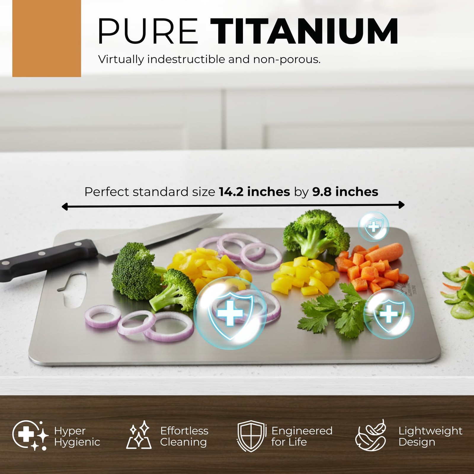 Pure Titanium Cutting Board, Double-Sided, Dishwasher 14.2″L x 9.8″W, Silver