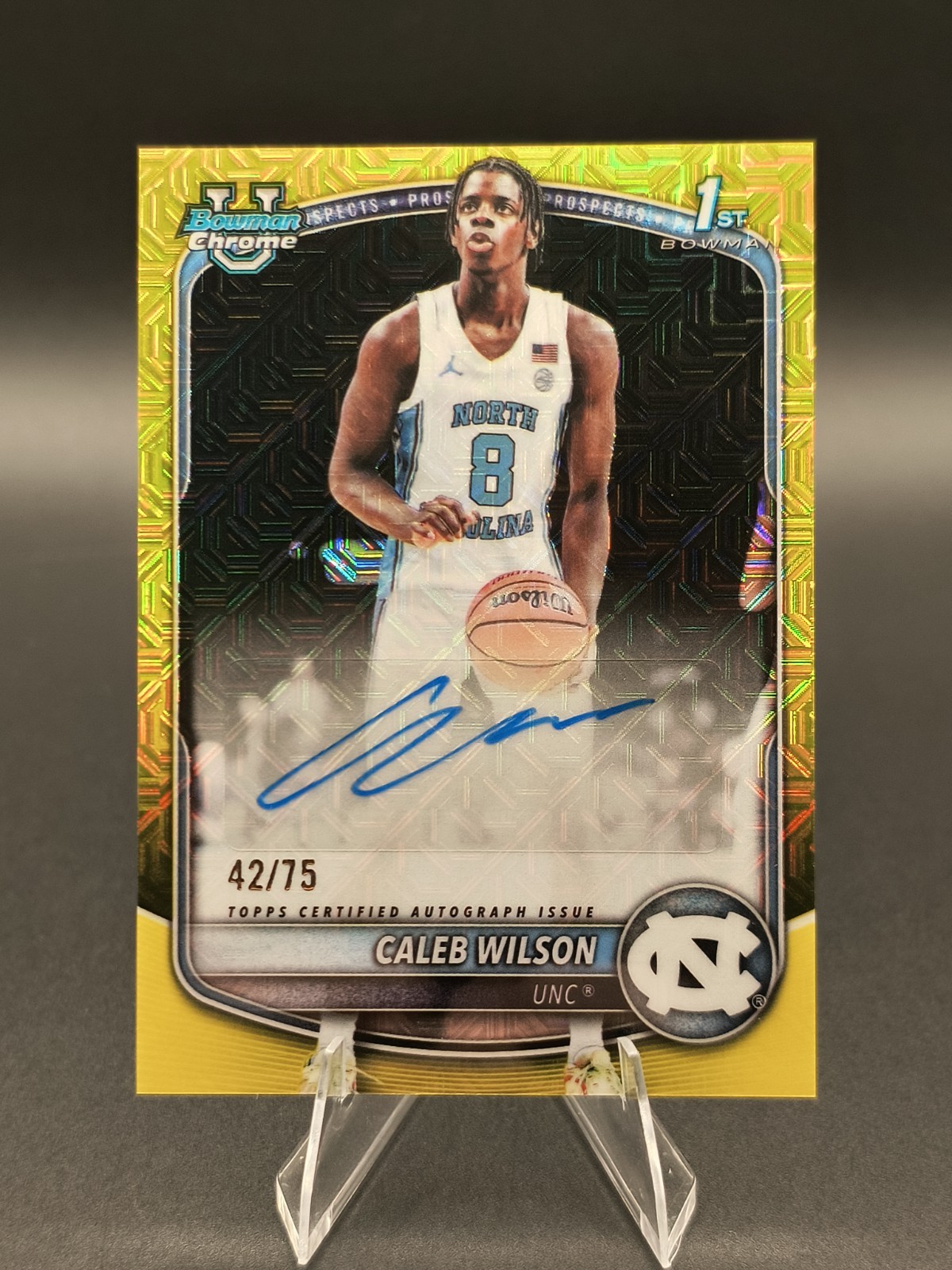 2025-26 Bowman Chrome U Caleb Wilson 1st Bowman Yellow Mojo Auto /75 UNC