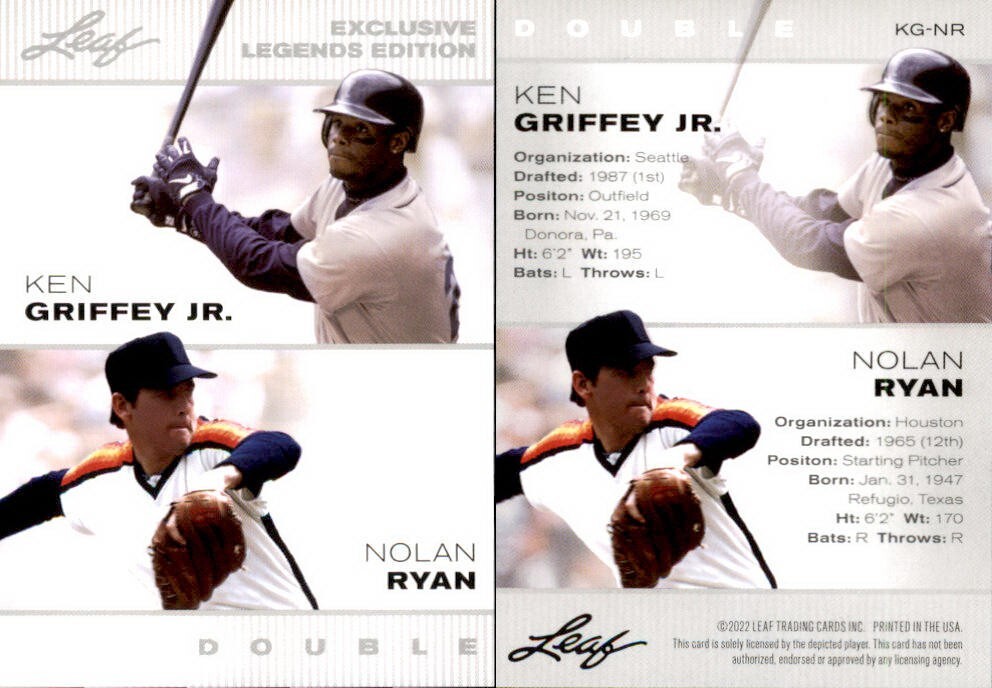 KEN GRIFFEY JR / NOLAN RYAN 2022 “EXCLUSIVE EDITION” BASEBALL CARD #KG-NR