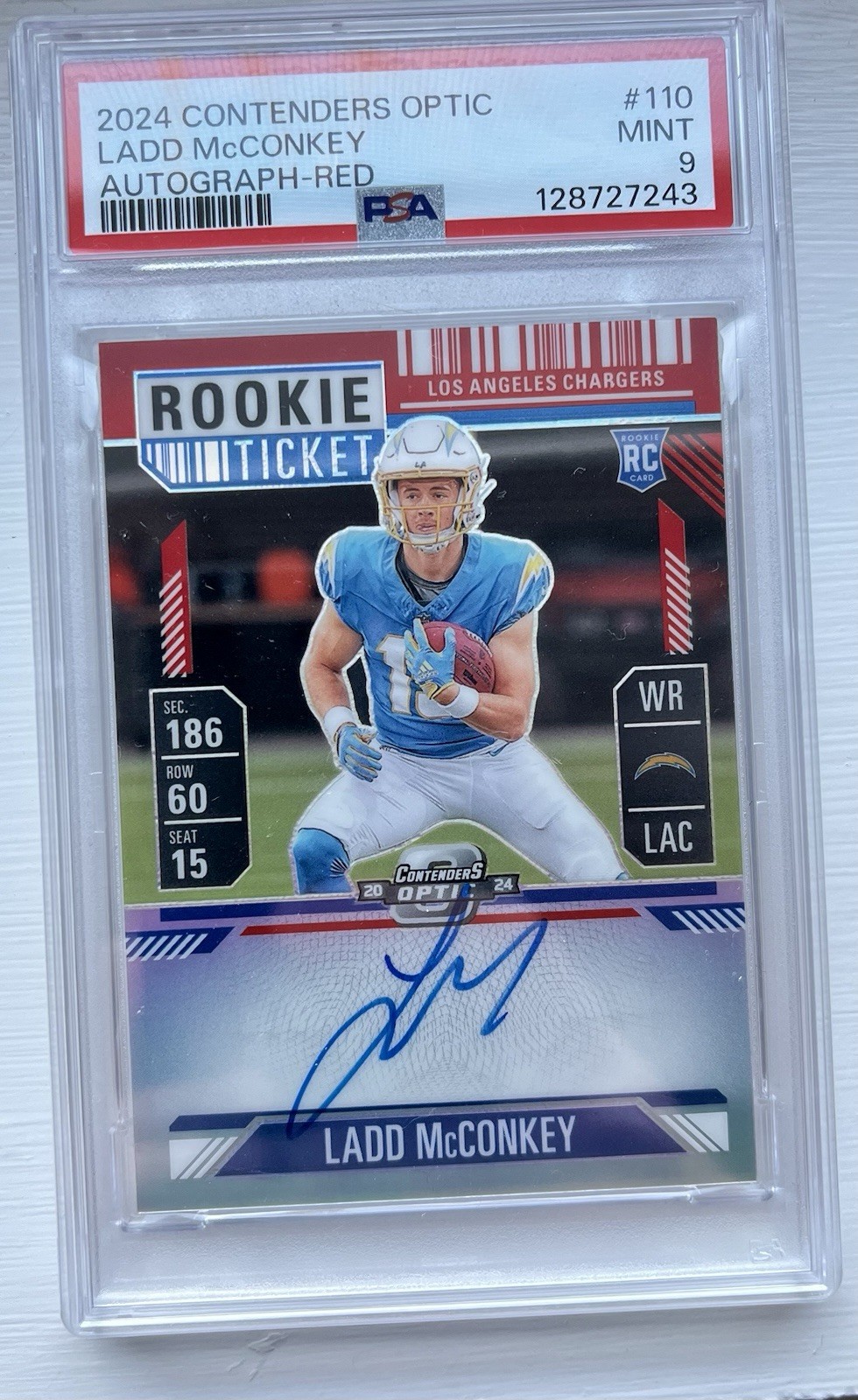 2024 Panini Contenders – Rookie Ticket Autograph Ladd McConkey Red 096/175 PSA 9