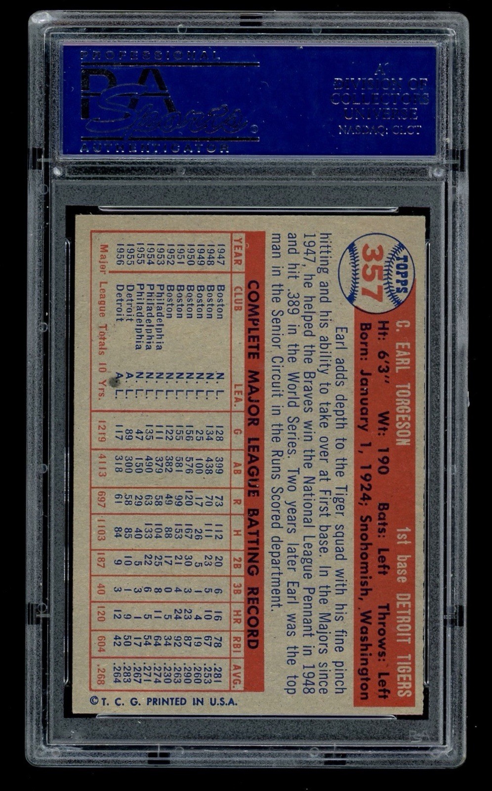1957 Topps #357 Earl Torgeson Detroit Tigers PSA 8 NM-MT