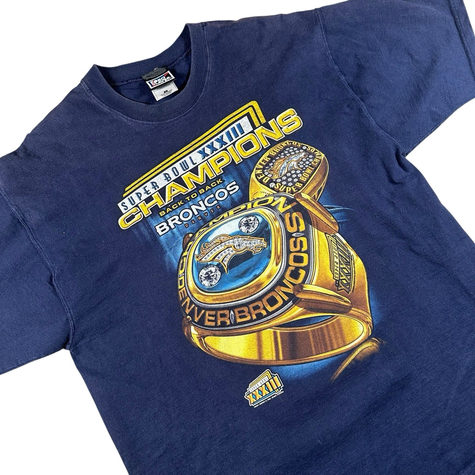 Vintage 1998 Pro Player Super Bowl XXXII Champions Denver Broncos Ring Tee L