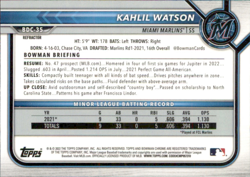 2022 BOWMAN DRAFT CHROME REFRACTOR MIAMI MARLINS KAHLIL WATSON #BDC-35