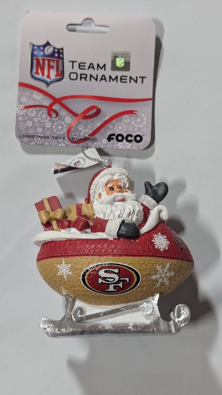 San Francisco 49ers Christmas Tree Holiday Ornament – Santa in Football Sleigh