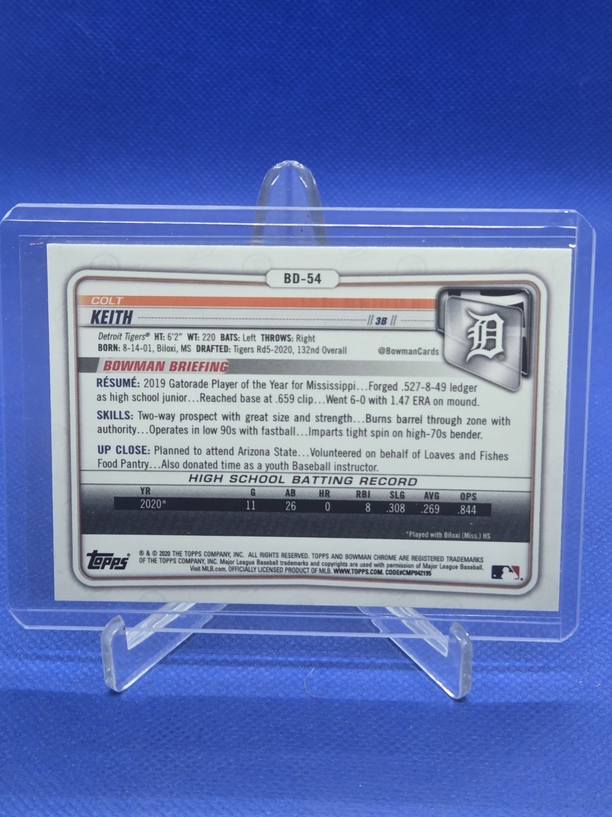 2020 BOWMAN CHROME DRAFT COLT KEITH RC #BD-54 DETROIT TIGERS 1ST