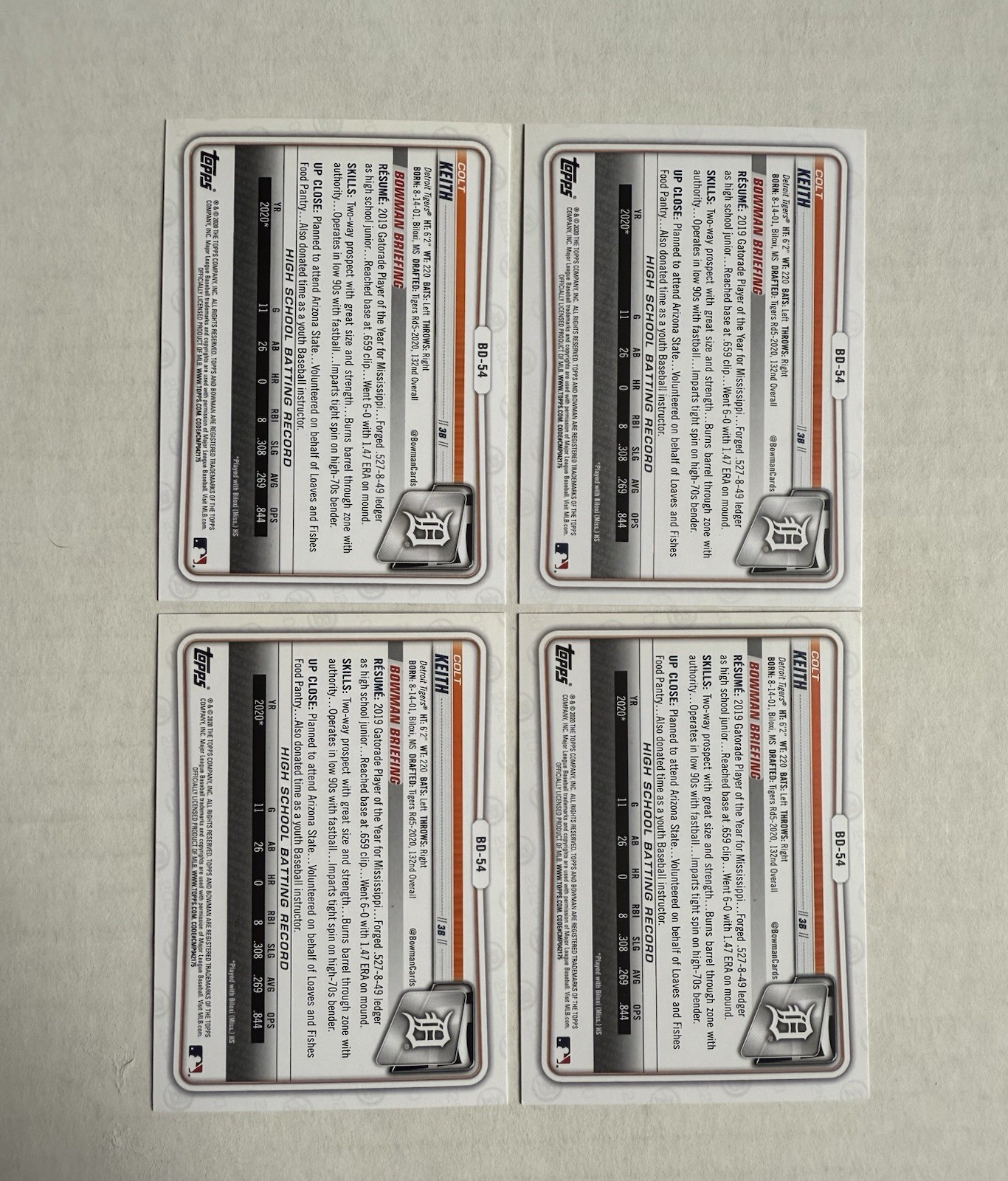 2020 Bowman Draft Colt Keith BD-54 Tigers Lot 4