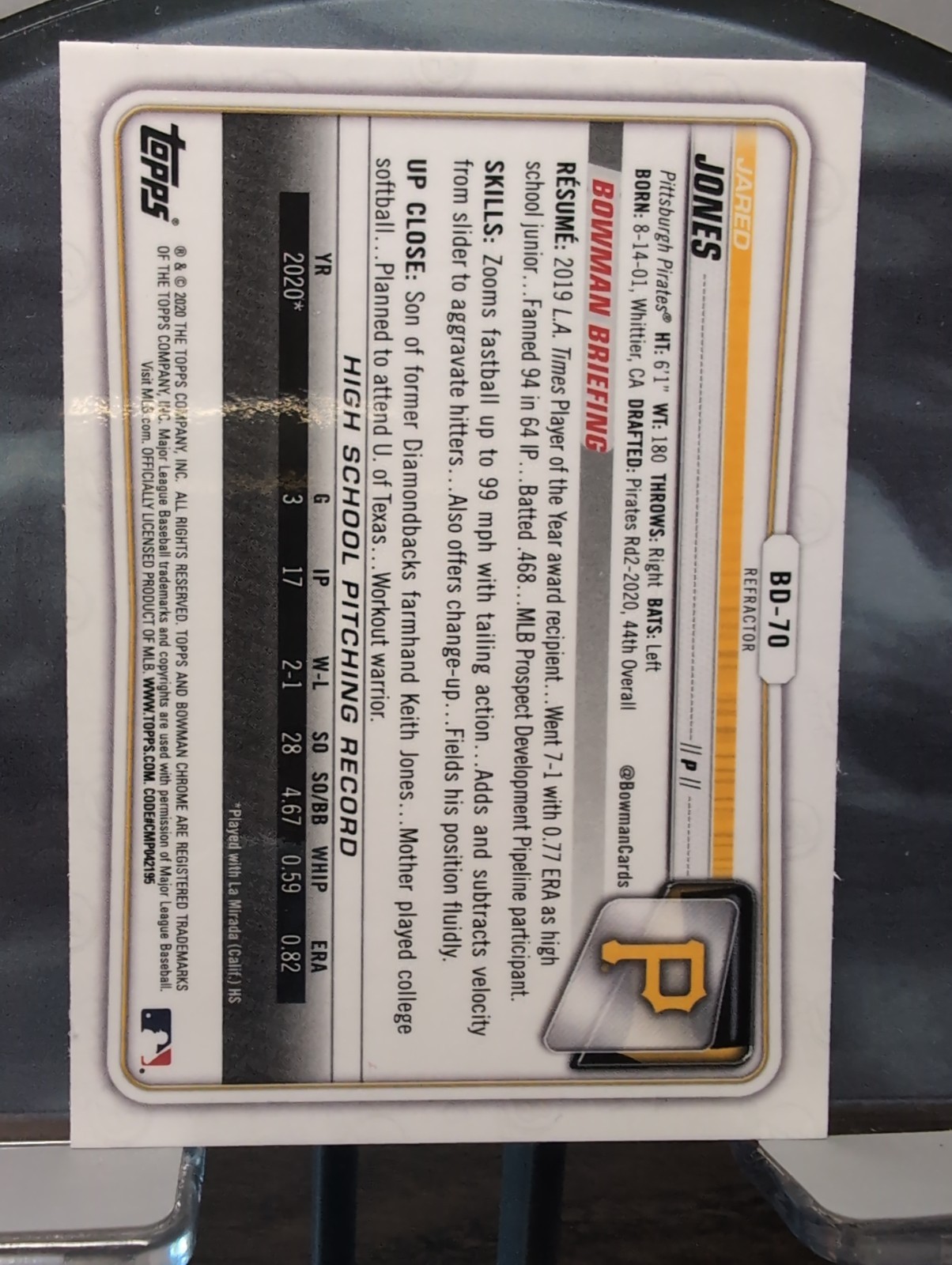 2020 Bowman Chrome Draft – Jared Jones (1st) – #BD-70 – Refractor
