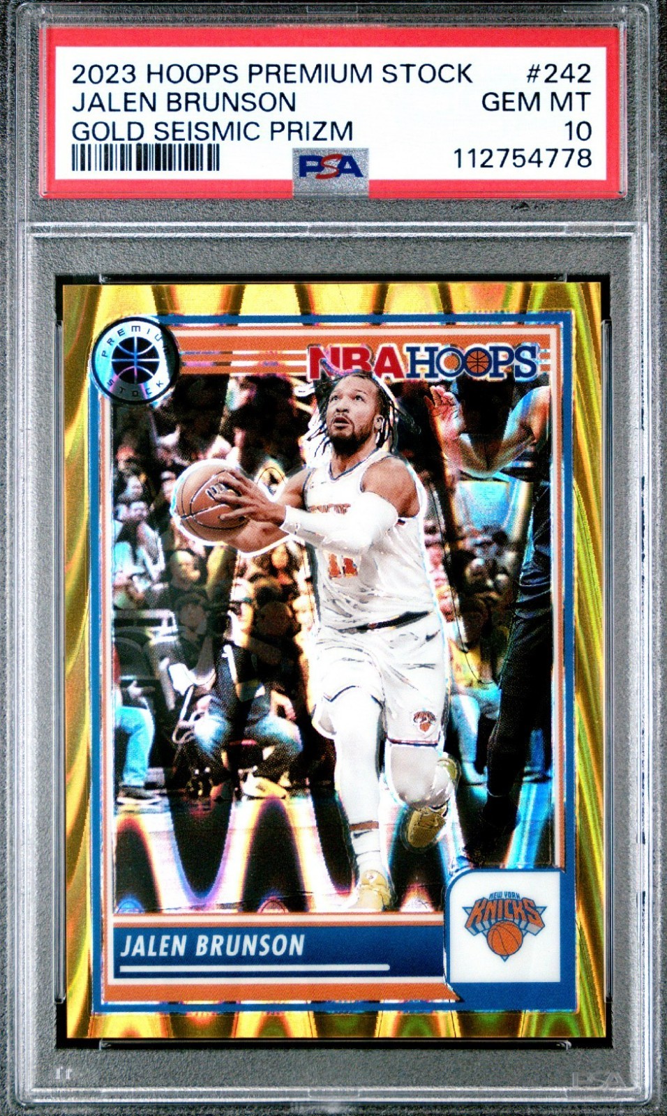2023 Hoops Premium Stock Jalen Brunson Gold Seismic Prizm 1/10 PSA 10 – POP 1!