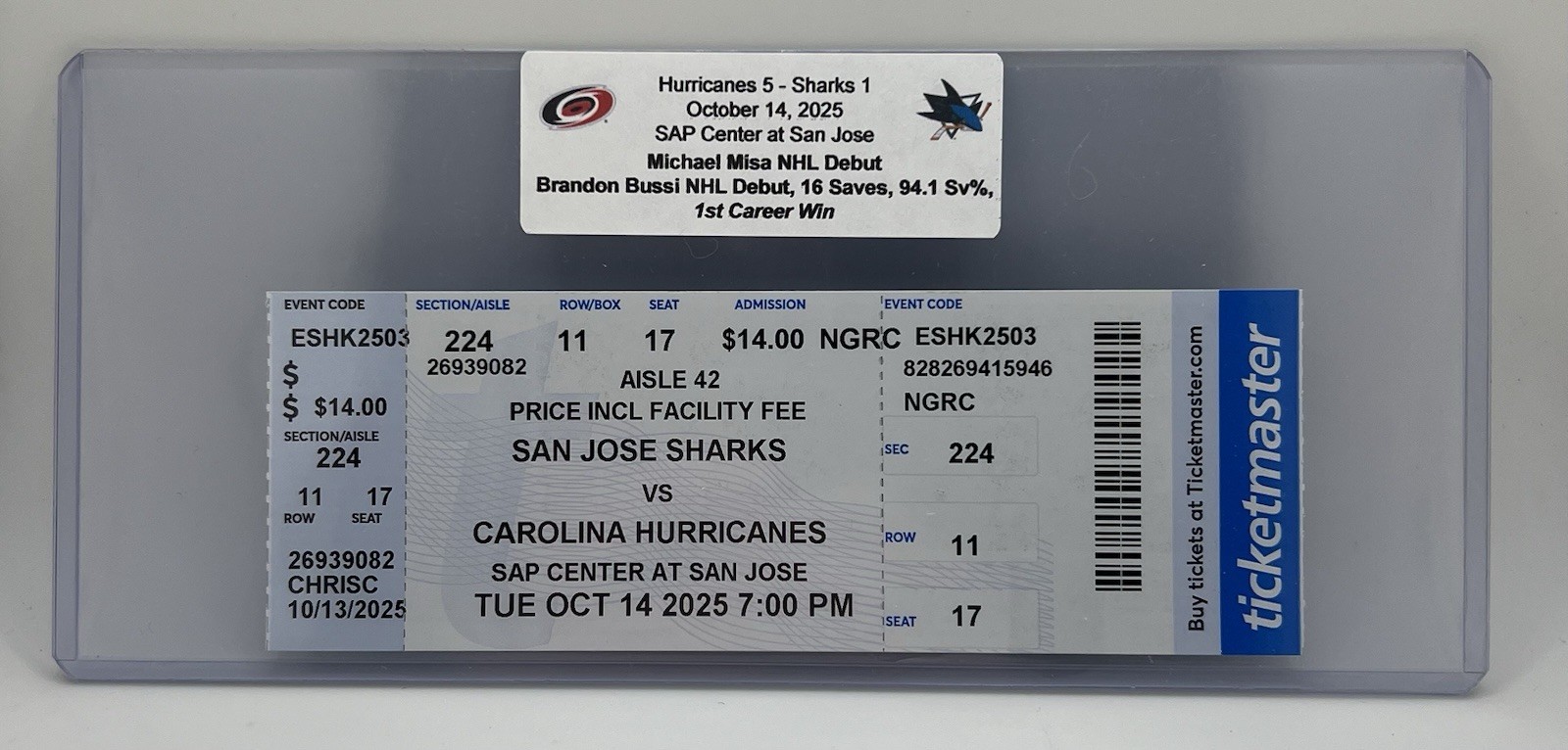 Brandon Bussi NHL Debut & 1st Win; Michael Misa Debut, 10/14/25 Full Ticket RARE