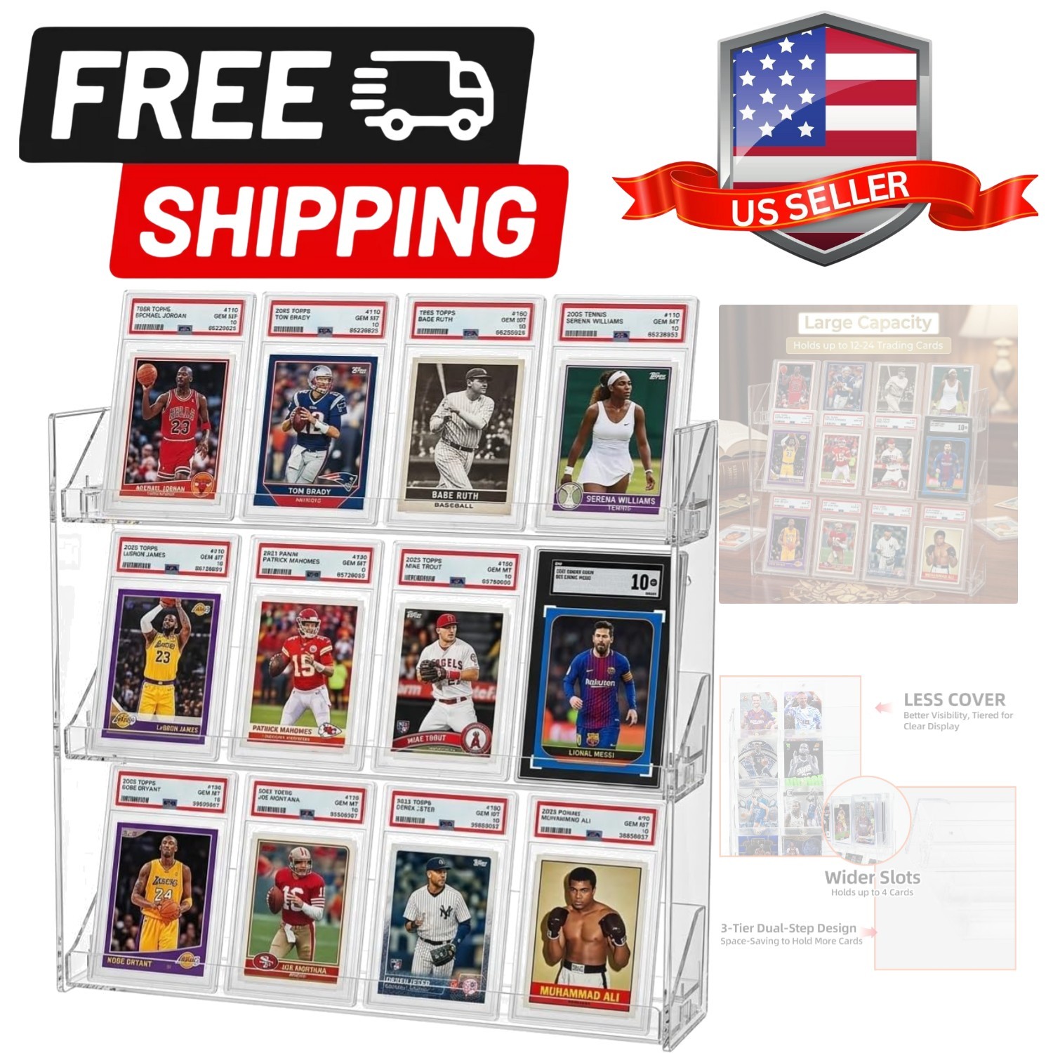 3-Tier Clear Card Display Stand, Wall-Mounted or Desktop Graded Card Holder w…