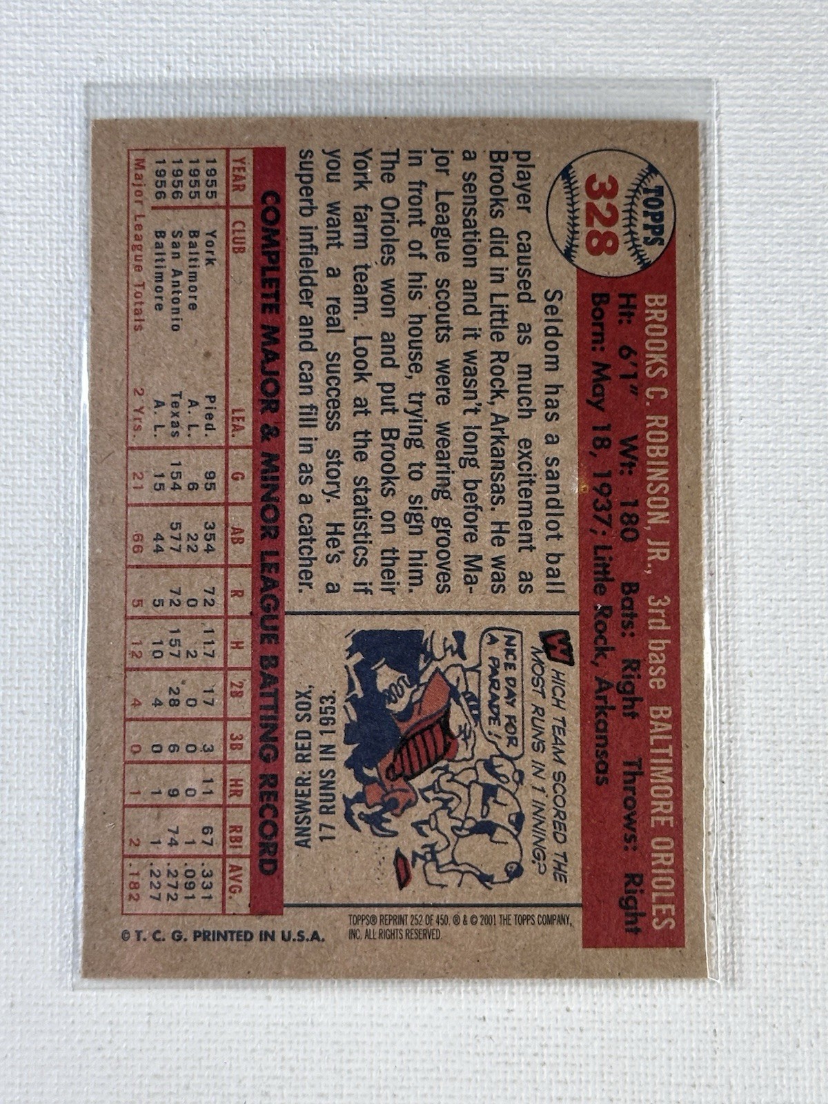 2001 Topps Archives ~ Brooks Robinson ~ 1957 Rookie Reprint ~ 252 ~ Orioles