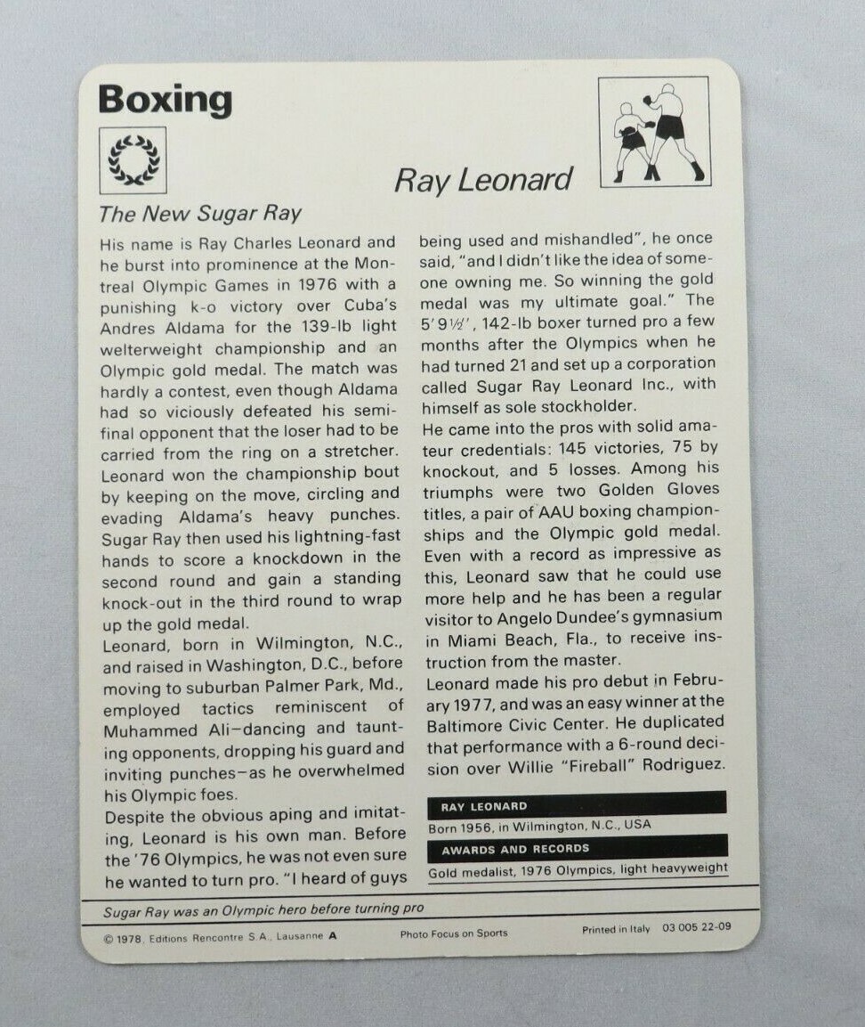 SUGAR RAY LEONARD RC1977 SPORTSCASTER OLYMPIC (NOT PANINI) ROOKIE CARD #22-09