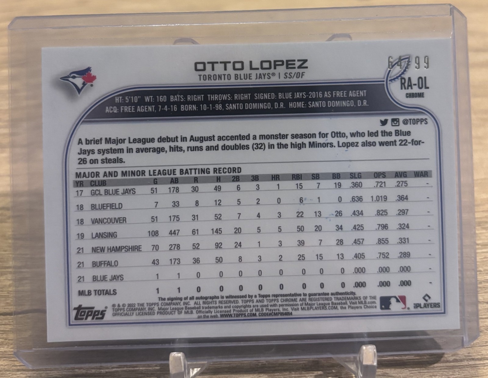 2022 Topps Chrome Otto Lopez RC Rookie Green Refractor Auto Autograph #’d /99