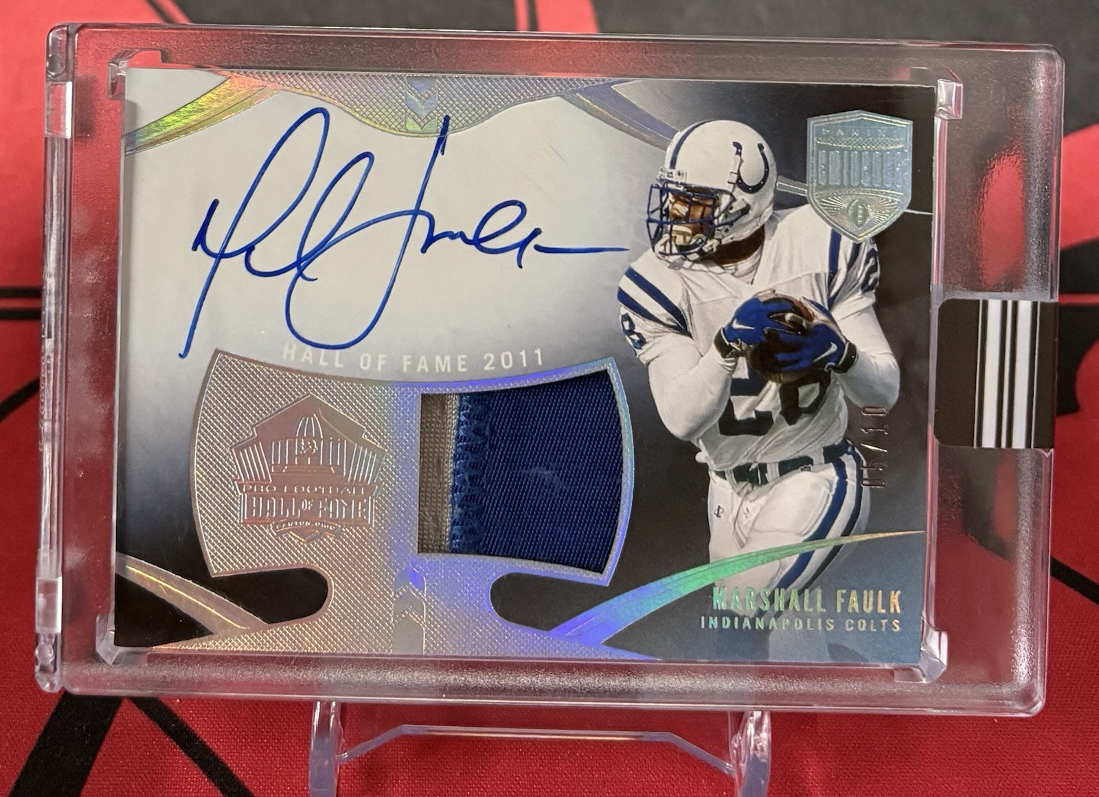 2021 Panini Eminence – Hof Patch Autographs Marshall Faulk #HOF-MF /10 (AU, MEM)