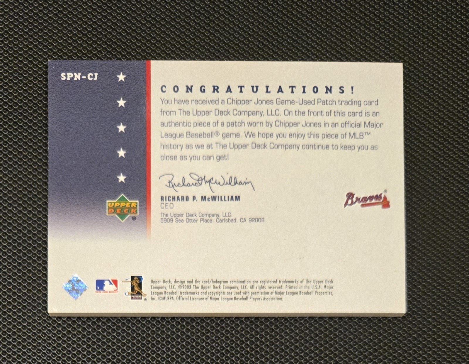 Chipper Jones 2003 Upper Deck Super Patch Numbers /11 SP RARE