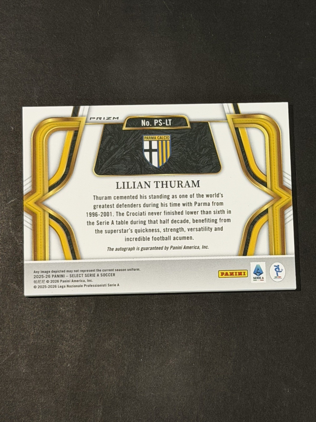 2025-26 PANINI SELECT SERIE A PITCHSIDE SIGNATURES LILIAN THURAM AUTO