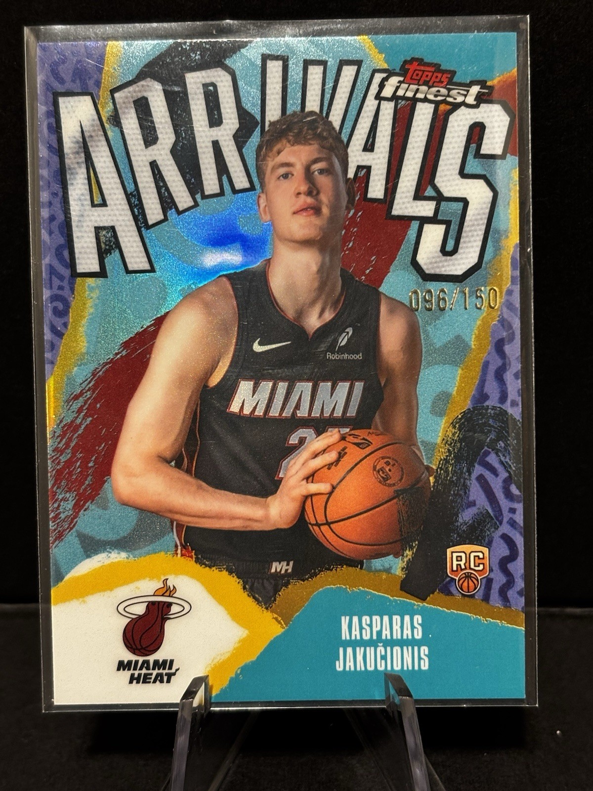 2025-26 Topps Finest Kasparas Jakucionis Rookie Arrivals Sky Blue 096/150 Heat