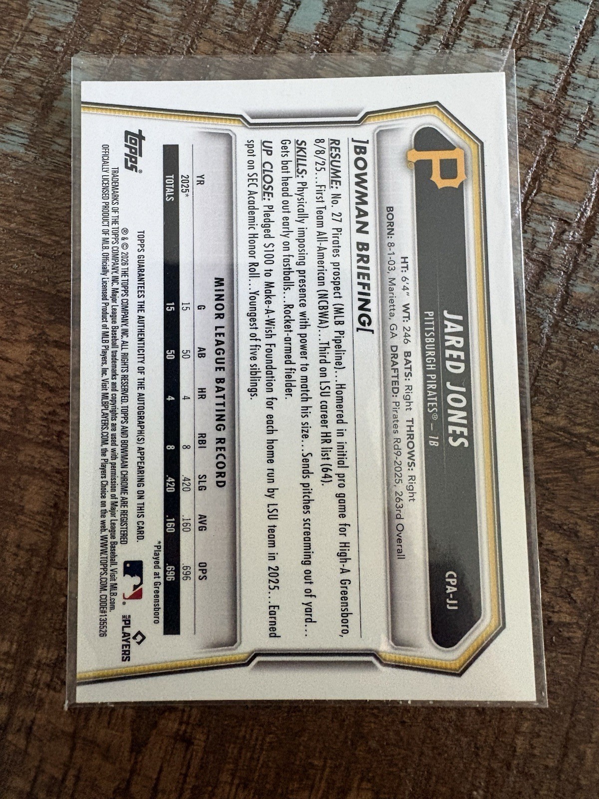 Jared Jones 2026 Bowman Chrome 1st Auto/Autograph TRUE Green Refractor 82/99