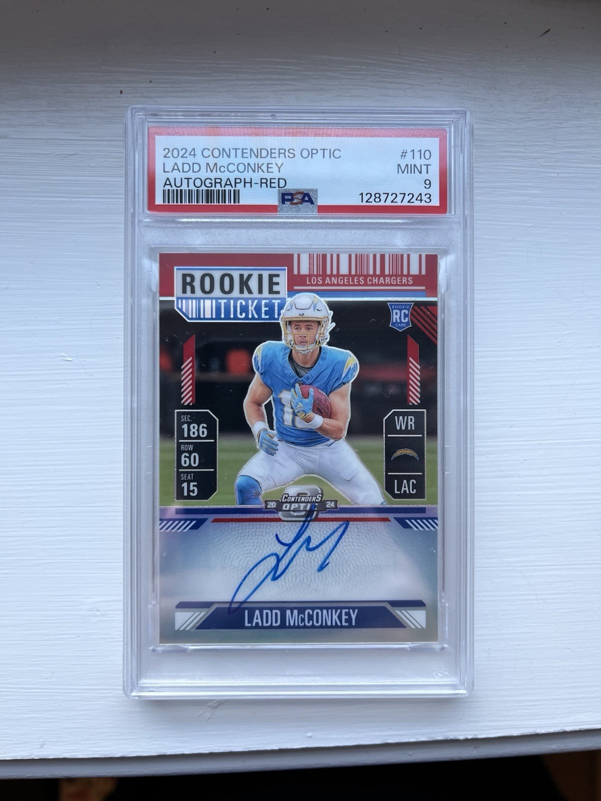 2024 Panini Contenders – Rookie Ticket Autograph Ladd McConkey Red 096/175 PSA 9