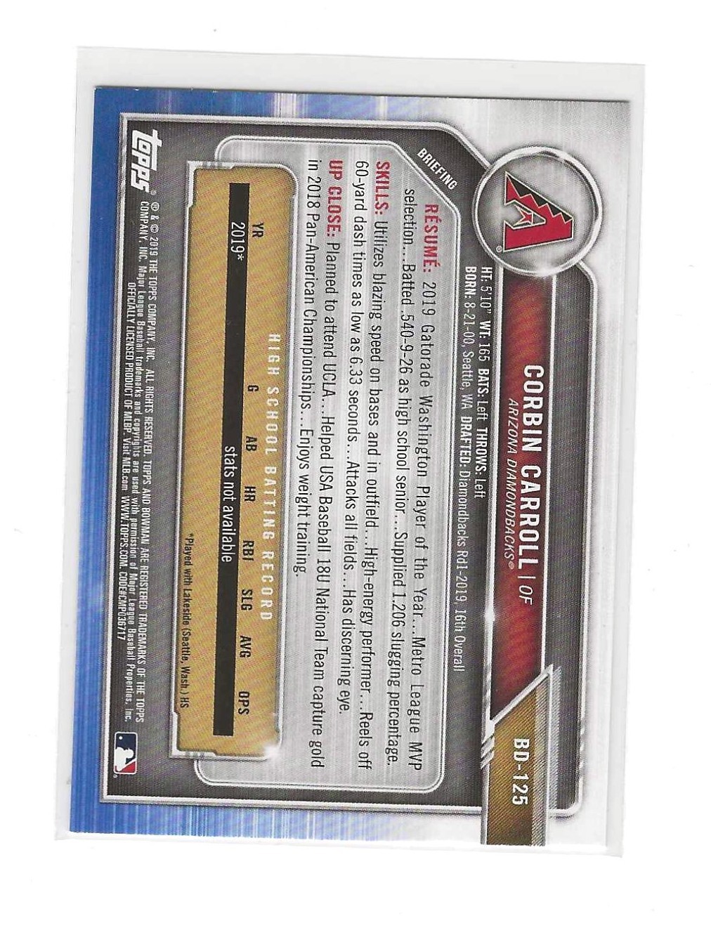 2019 Bowman Draft Corbin Carroll #BD-125 Rookie Card RC
