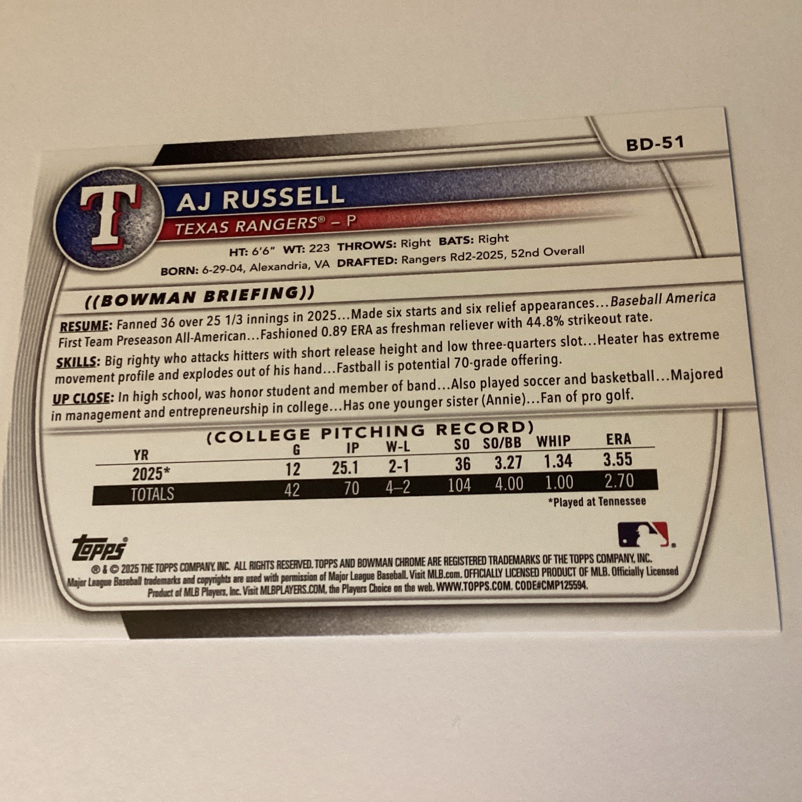 2025 Bowman Draft – Chrome AJ Russell #BDC-51 Blue Refractor /150 (RC)