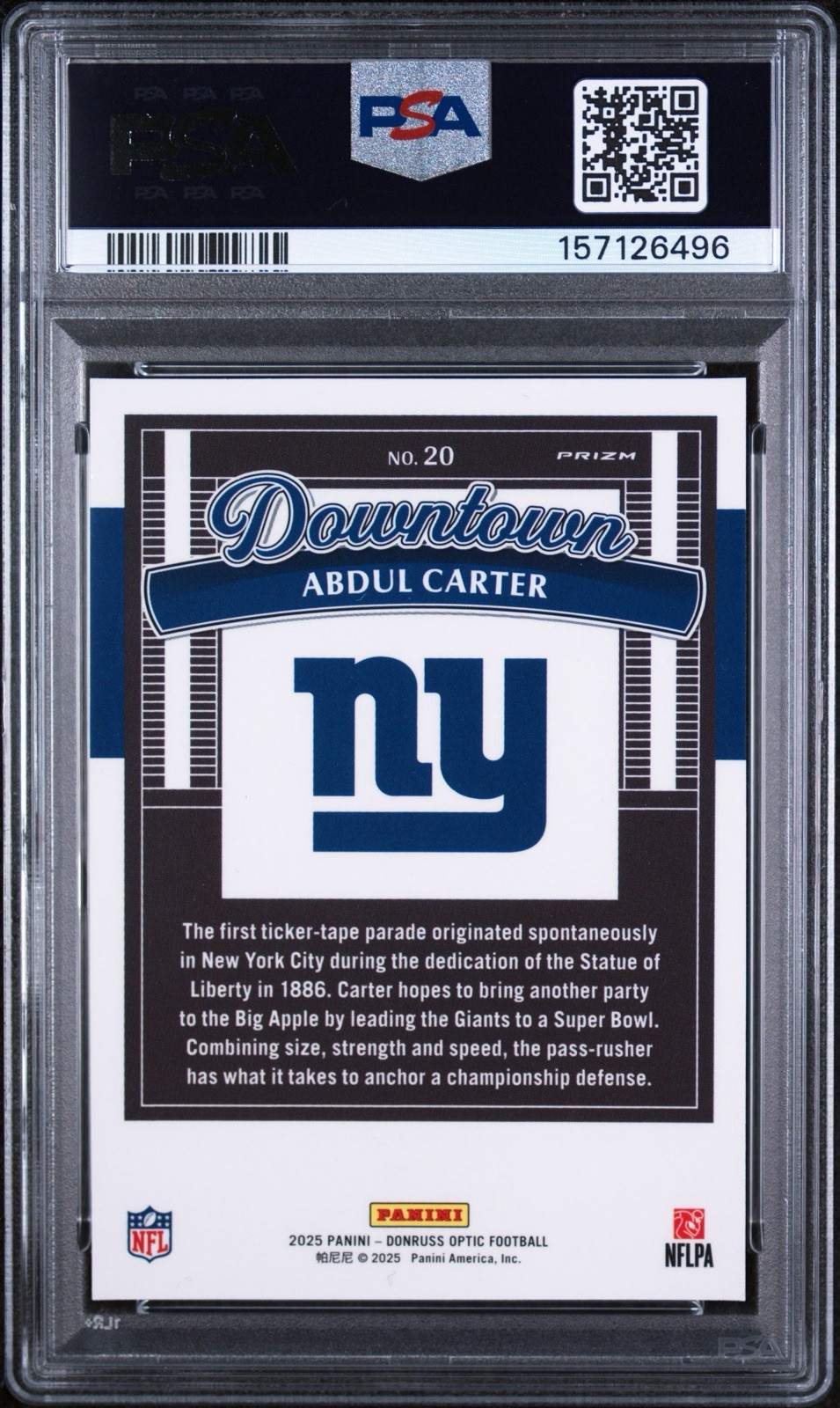 Abdul Carter Panini Donruss Optic Downtown PSA 9 MT RC New York Giants #20 NFL