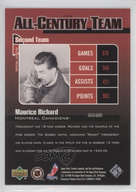 1999-00 Upper Deck Century Legends All-Century Team Maurice Richard #AC8 HOF 9ca