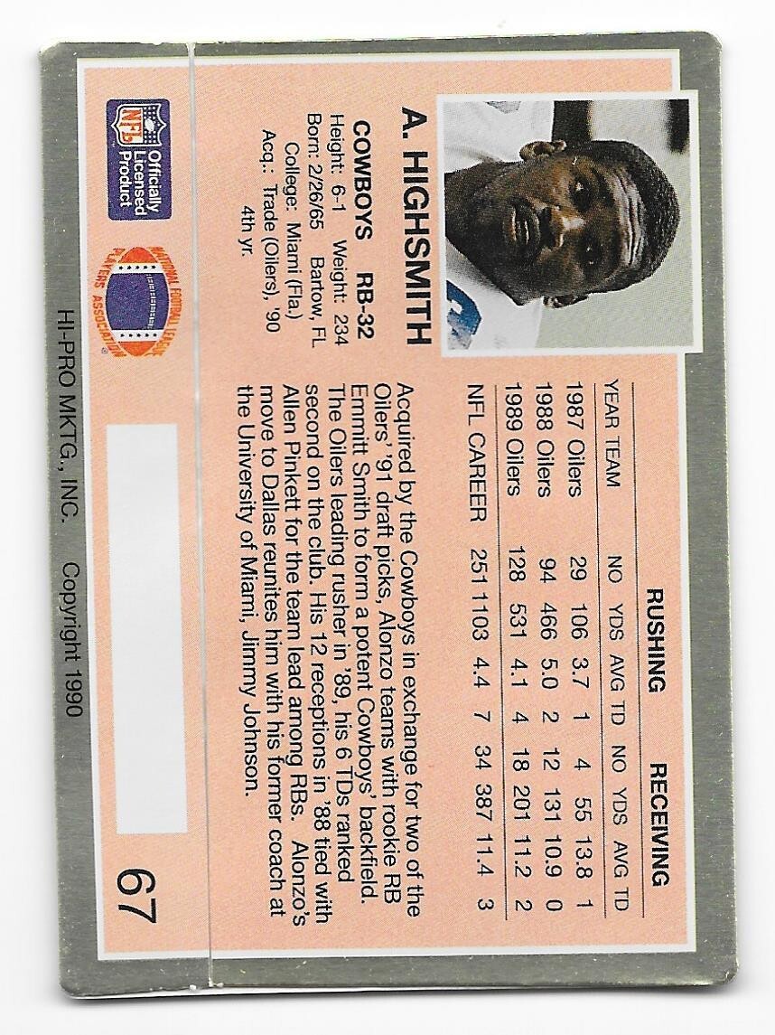 1990 Action Packed Rookie Update #67 Alonzo Highsmith – Dallas Cowboys