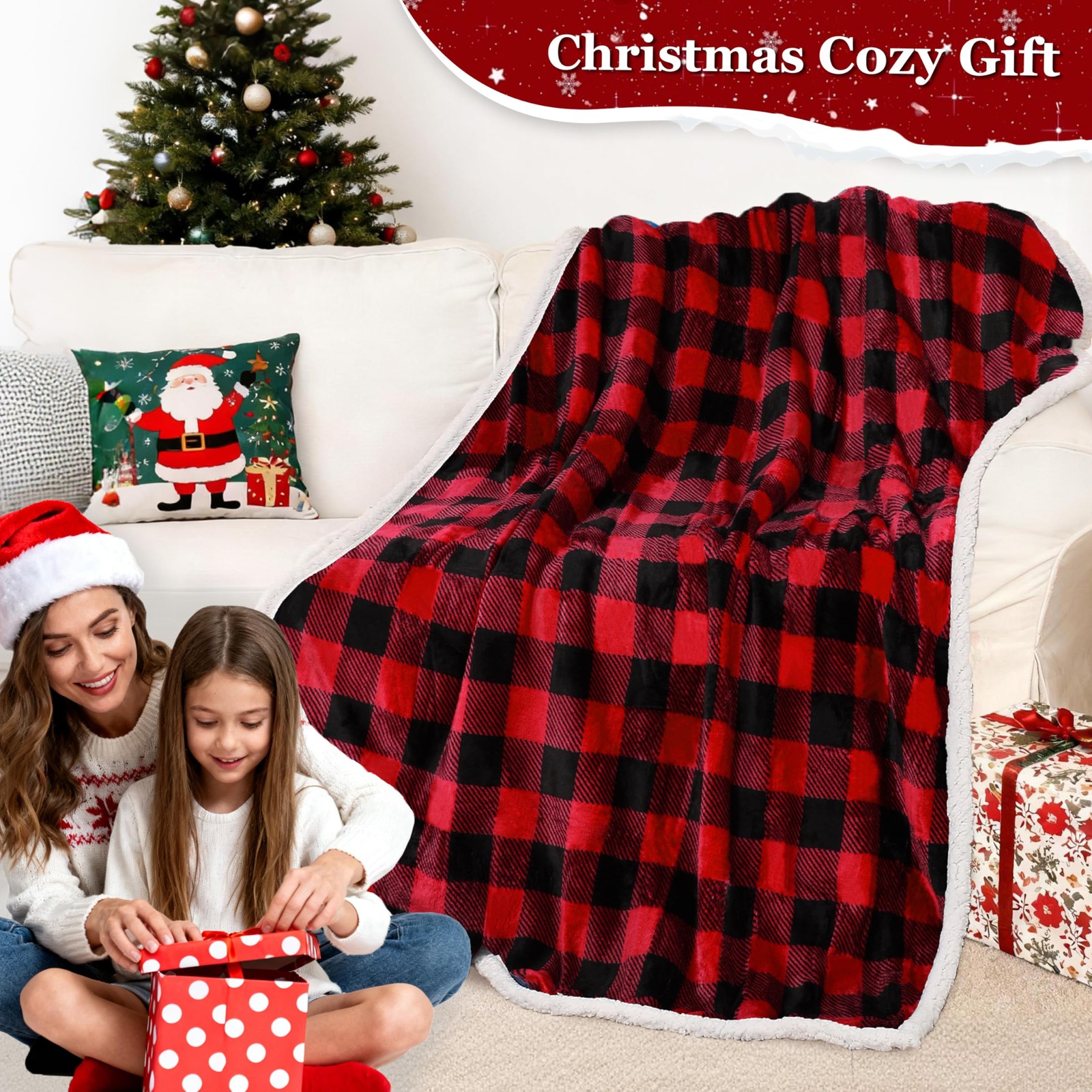 Catalonia Red Black Checkered Holiday Blanket, Buffalo Plaid 50″x60″,